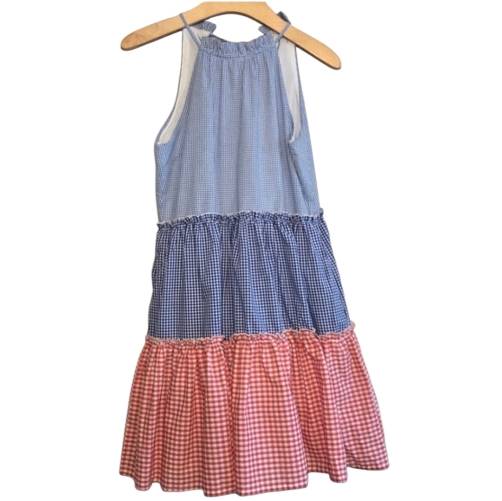English Factory Blue, Navy and Red Gingham Tiered Halter Mini Dress